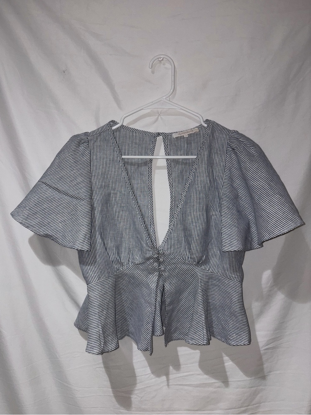 Olivaceous Blue and White Pinstripe Button-Front Peplum Top sz M